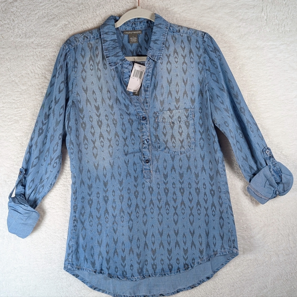 410-Chelsea & Theodore‎ Blue Patterned Women's Top NWT